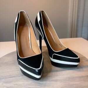 L.A.M.B. Domino Women's Sz 9 Black White Platform Pumps Leather Stiletto Heels